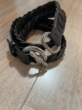 Brighton Black Braided Leather Belt with Silver circle Buckle size small croc